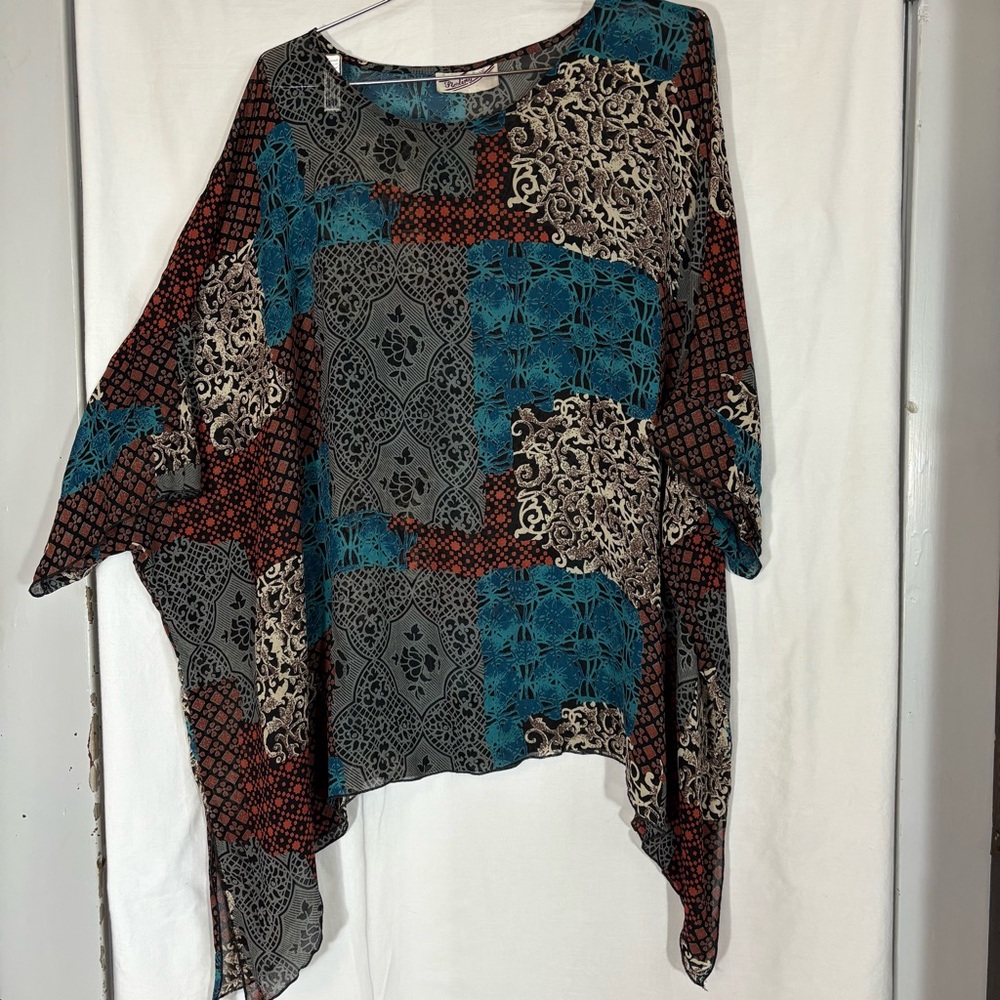 Sterling Styles Artsilk‎ Kimono Top OS One Size Black Multi Patchwork Artistic